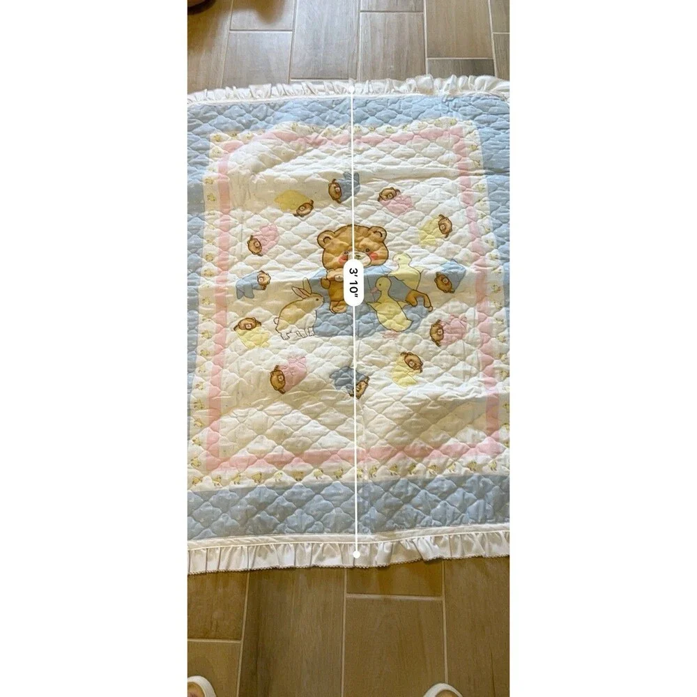 Vtg Handmade Nursery Panel Baby Quilt with Ruffle Custom Cottagecore Teddy Bear